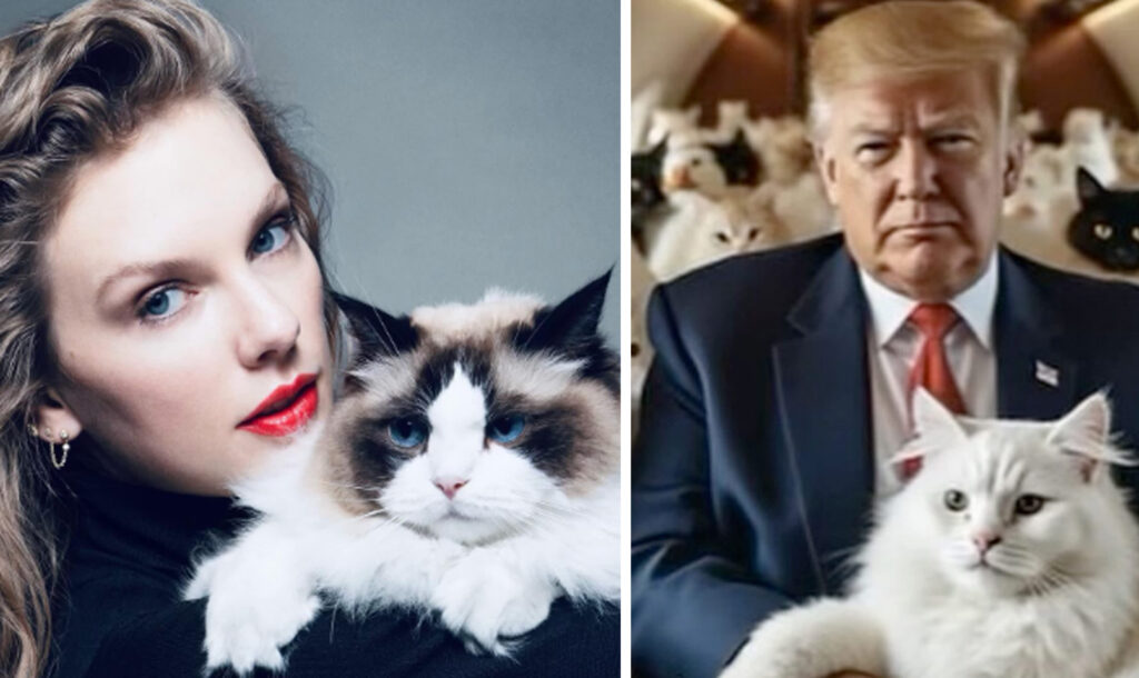 Taylor Swift posed with a cat to endorse Kamala Harris, while Donald Trump shared an AI-generated image of himself with cats. This came after his running mate, JD Vance, promoted a conspiracy theory suggesting that Haitian immigrants were eating pets in Ohio.