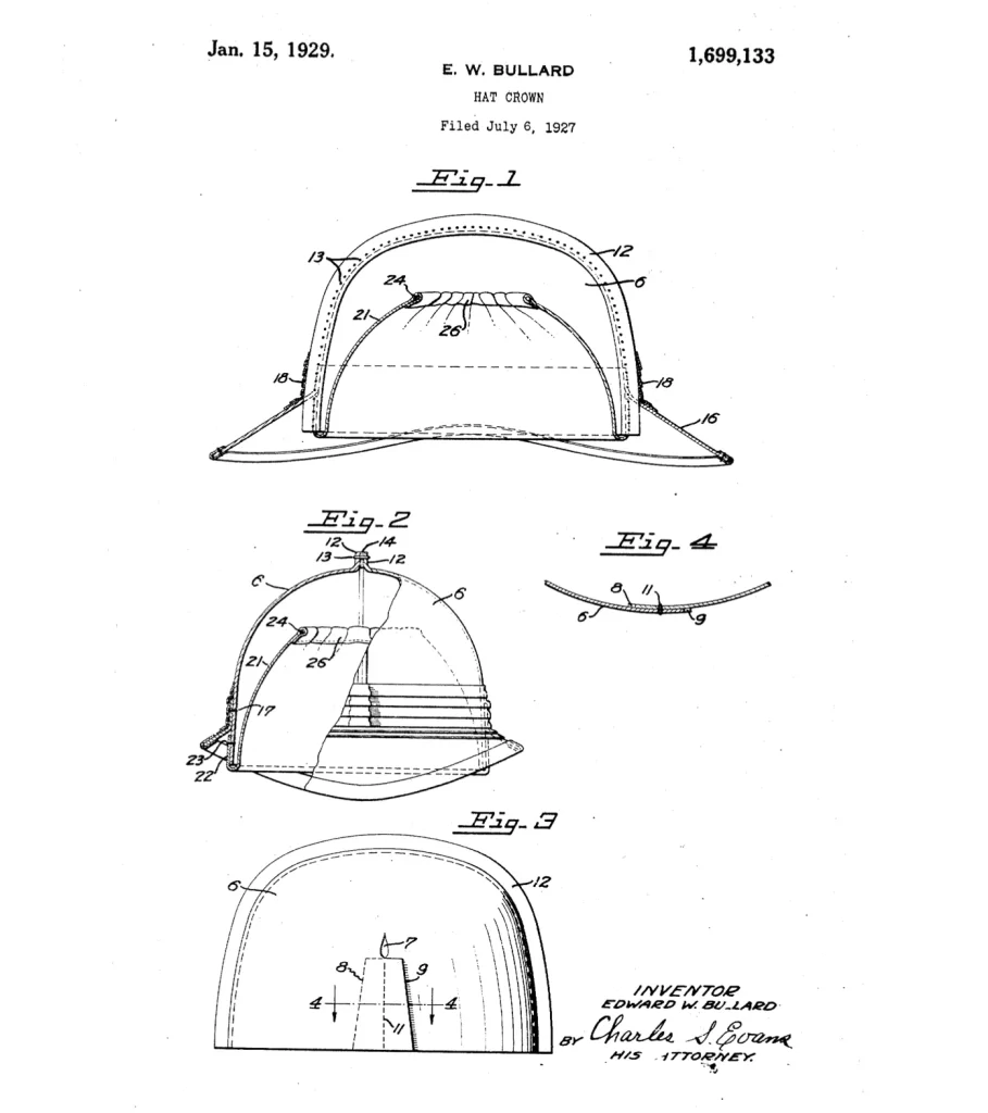 Edward Bullard invented his original "hard boiled" construction hat in 1919, and filed a patent for an improved hard hat in 1927.