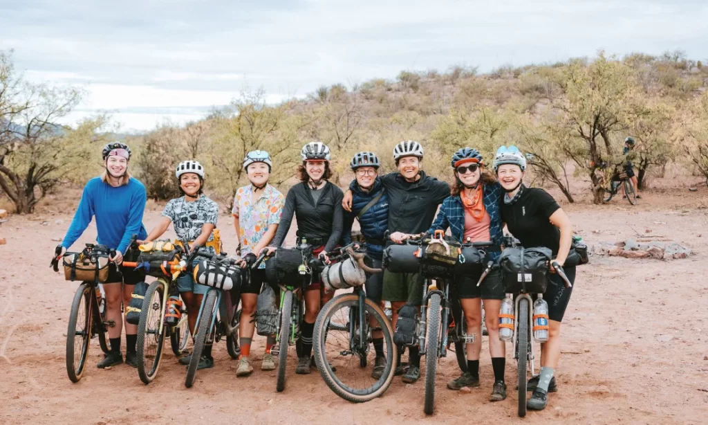 Lael Wilcox (third from right) is joined by fellow female cyclists during one of Komoot's Women's Rallies.
